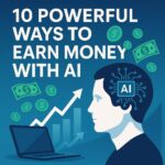 10 Powerful Ways to Earn Money with AI – digital illustration showing a human head with AI chip, laptop, money symbols, and growth chart