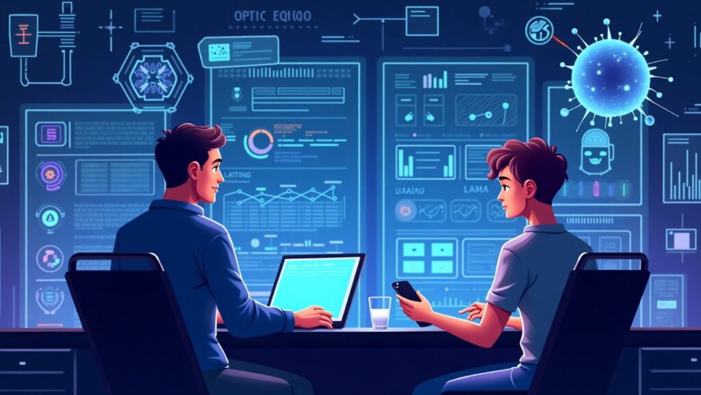 AI engineers fine-tuning LLaMA 3 and Mistral models in a futuristic lab with holograms and chatbots.