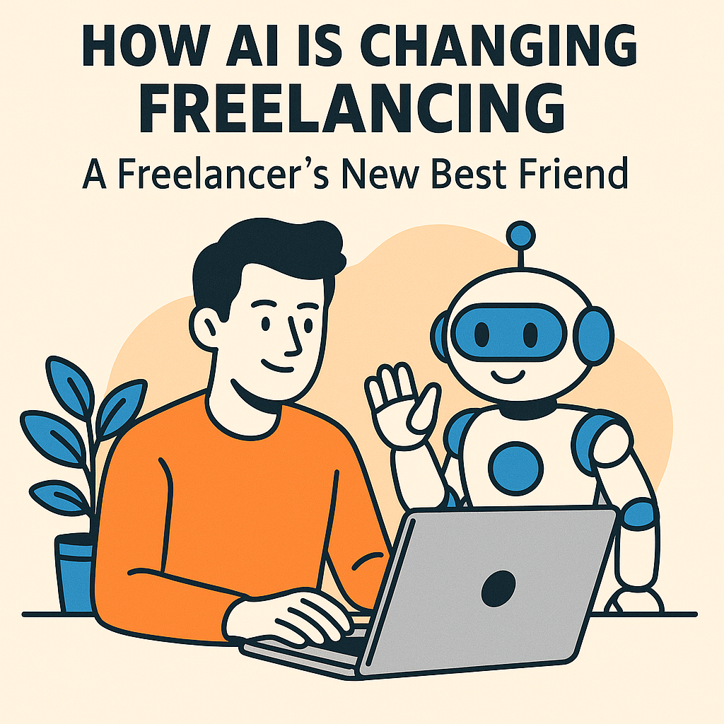 AI in Freelancing- Robots and humans working side by side in a digital workspace