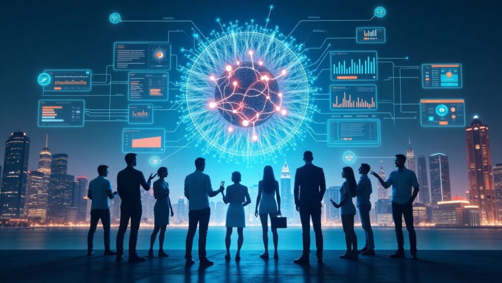 Futuristic AI search engine analyzing global data with neural networks, marketers using predictive dashboards for 2025 digital strategies