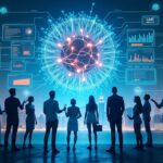 Futuristic AI search engine analyzing global data with neural networks, marketers using predictive dashboards for 2025 digital strategies