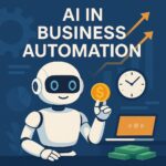 Illustration of AI robot assisting a business team with automation tools and digital dashboards