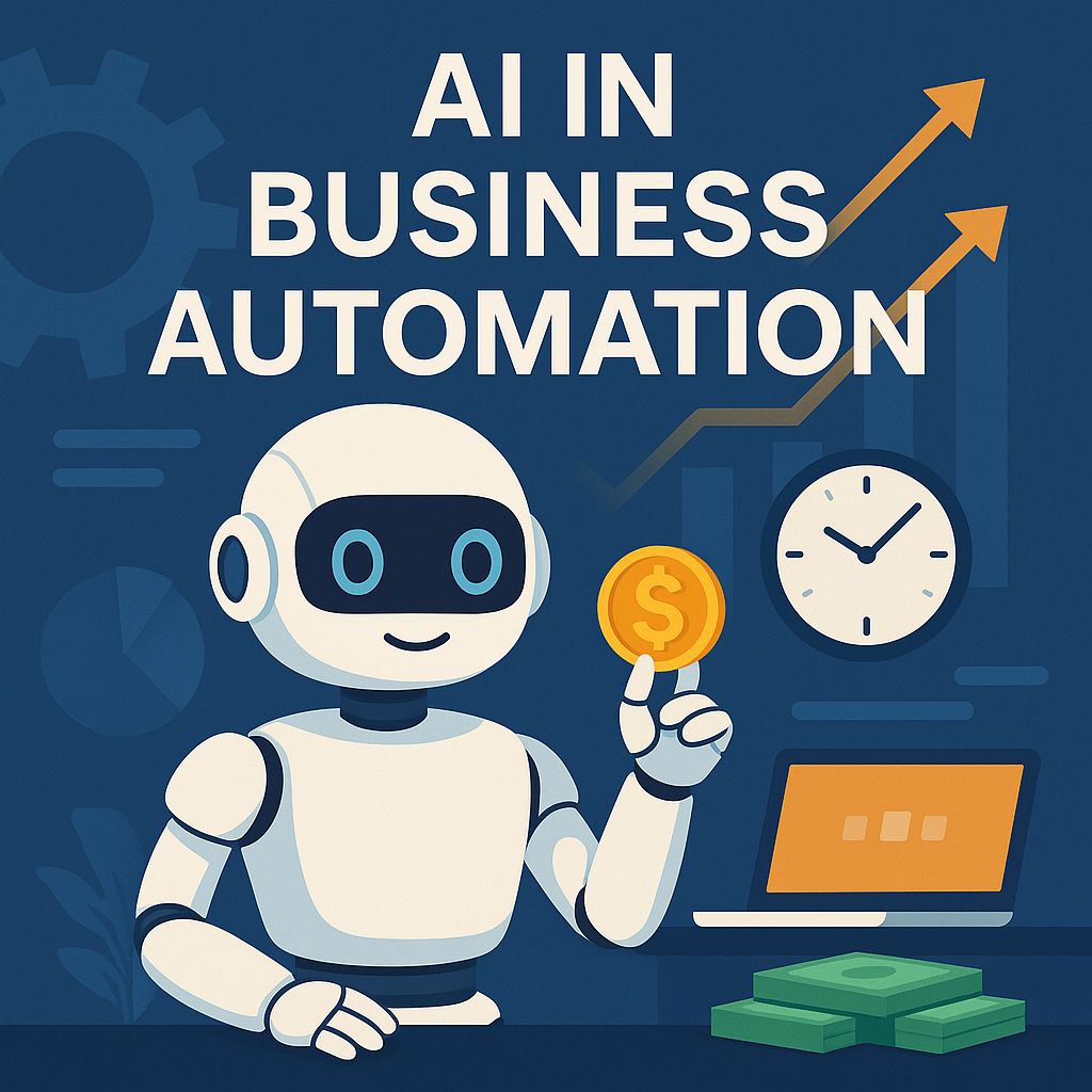Illustration of AI robot assisting a business team with automation tools and digital dashboards