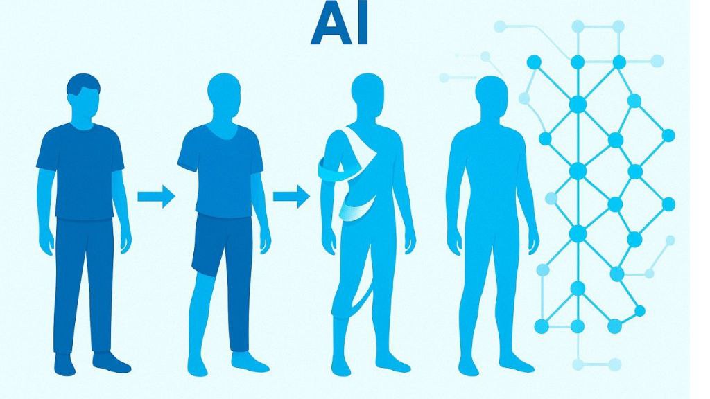Illustration of AI neural network peeling off clothing from image step-by-step