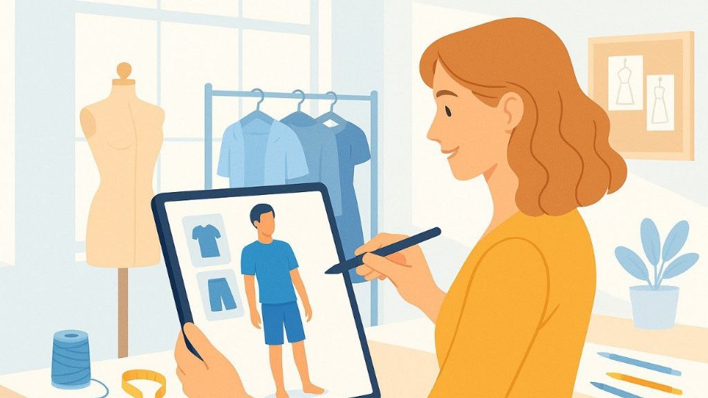 Designer using digital tablet to try virtual clothes on a 3D model in studio