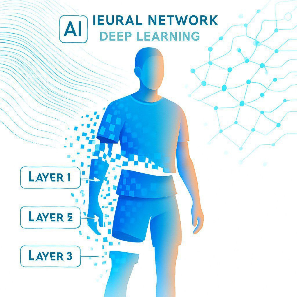 Illustration of AI neural network peeling off clothing from image step-by-step