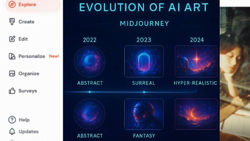 Timeline showing how Midjourney has evolved AI art styles