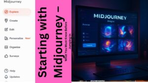 Digital artist creating AI art using Midjourney on a laptop