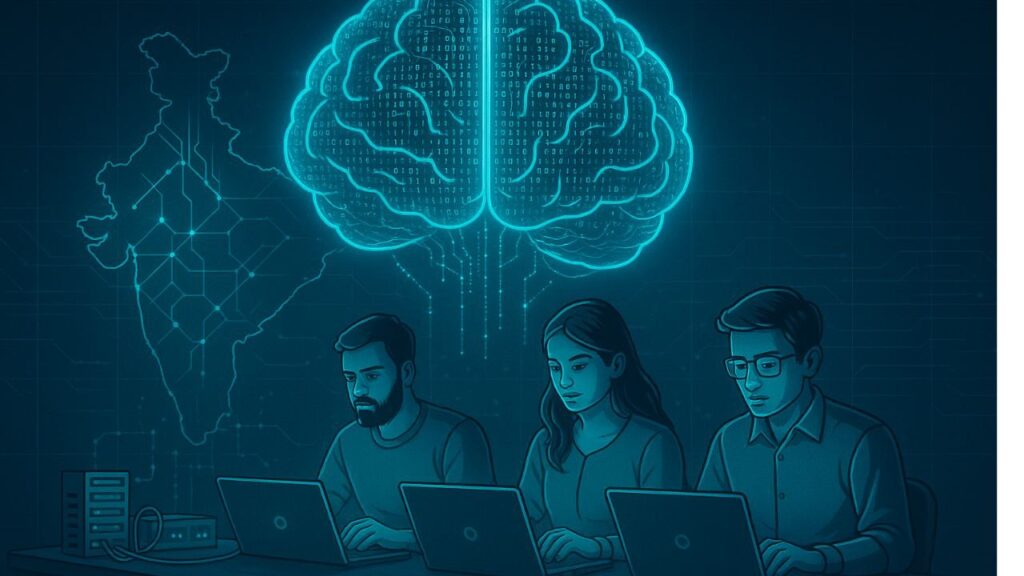 Indian engineers working on AI model with digital brain and India map