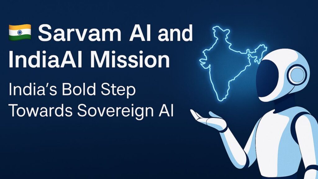 Humanoid robot with Indian flag and AI map in Sarvam AI banner