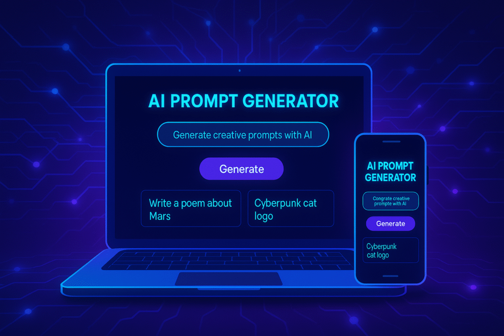 Free AI Prompt Generator tool interface with example prompts for ChatGPT and art generation
