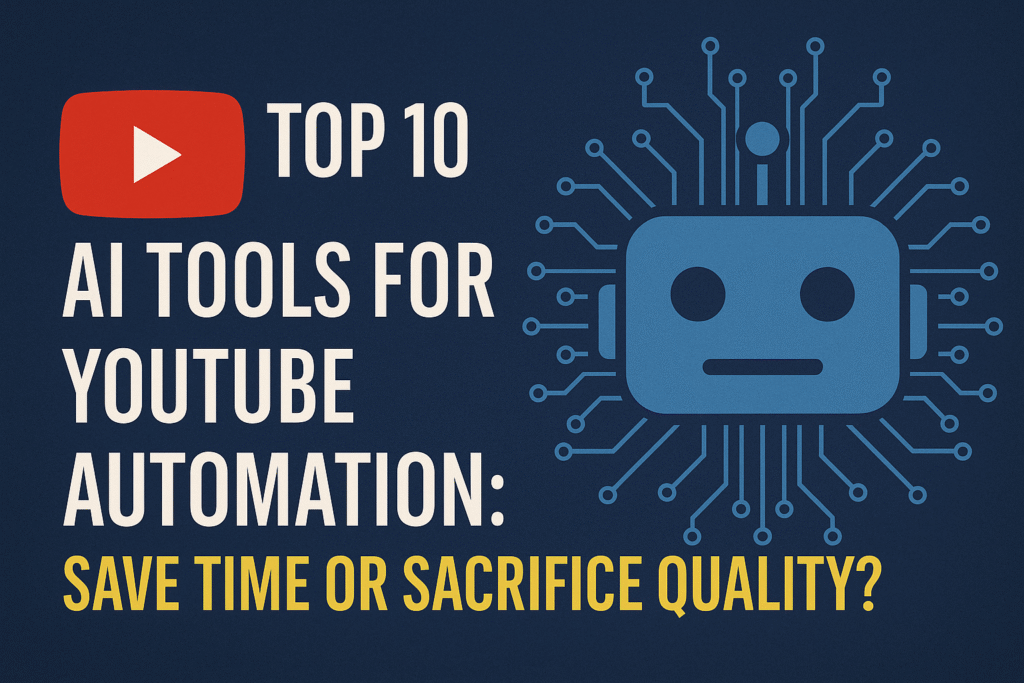 Digital featured image showing a YouTube logo, bold text about top 10 AI tools for YouTube automation, and an AI robot head with circuit lines