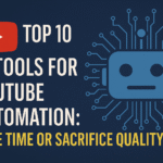 Digital featured image showing a YouTube logo, bold text about top 10 AI tools for YouTube automation, and an AI robot head with circuit lines