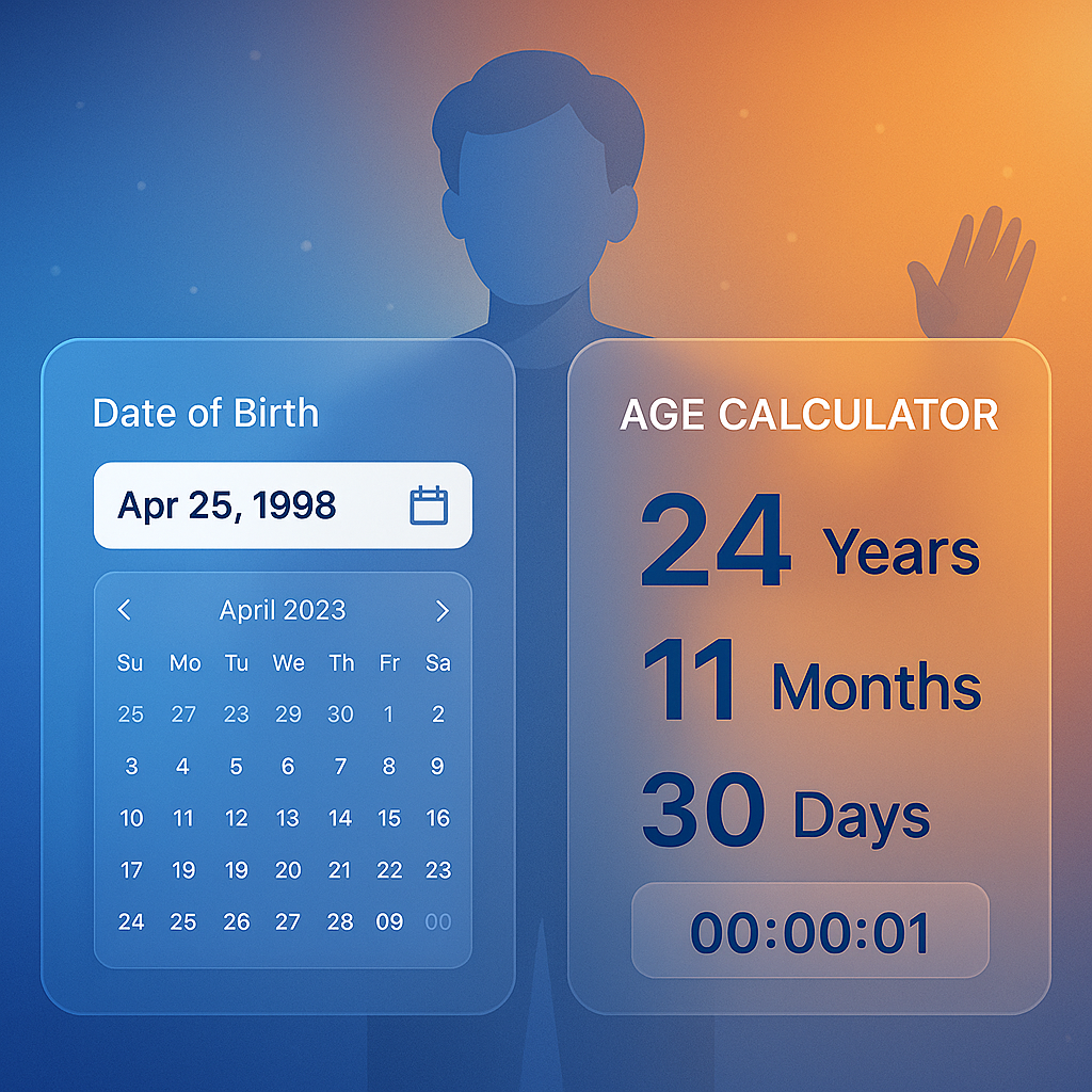 Age calculator interface showing birthday input and detailed age results including years, months, days and seconds