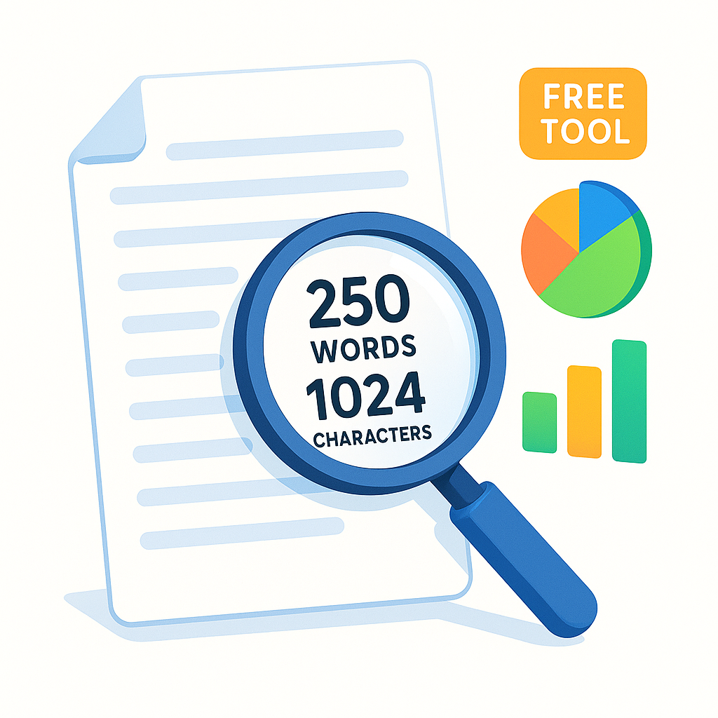 Magnifying glass analyzing text document with word count statistics displayed