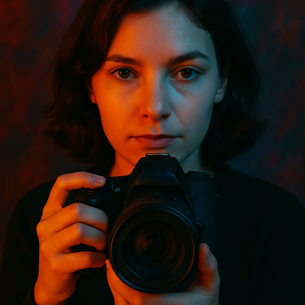 A young woman intensely focusing through a DSLR camera in a dramatic, colorful light setting, representing the essence of artistic photography.