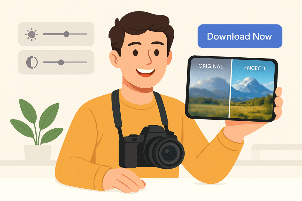 Smiling woman comparing original vs enhanced image on her smartphone with editing tools floating nearby