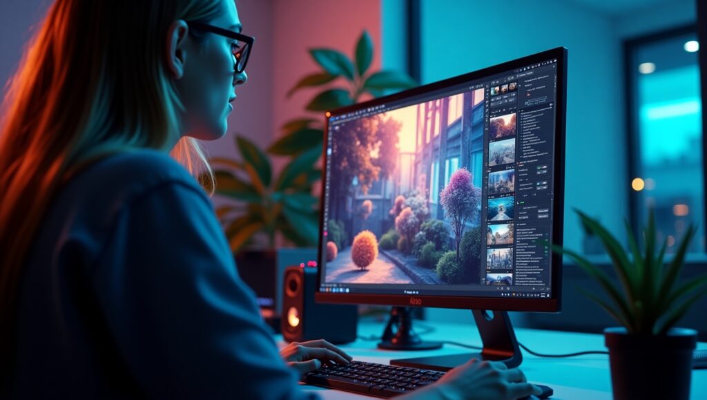 A digital artist editing photos on a modern computer surrounded by floating AI tools and visual effects.