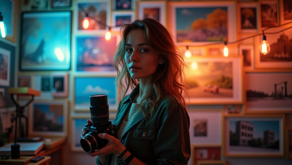 A young woman holding a vintage camera in a glowing art studio filled with photo prints and colorful light reflections.