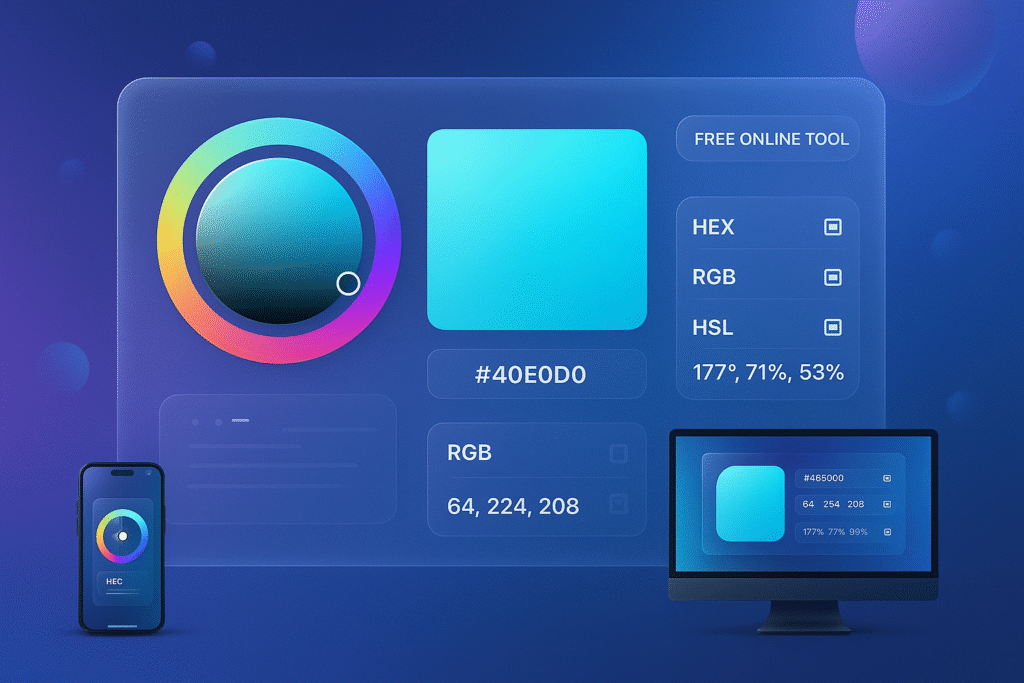 Color conversion tool interface showing HEX, RGB, and HSL values with color wheel picker