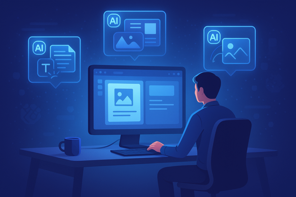 Canva AI features dashboard showing tools like Magic Design, Text to Image, and Translate with highlighted icons.