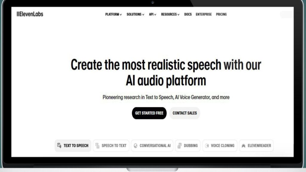ElevenLabs AI voice generation platform screenshot showing a text input box, voice customization sliders, and a playback toolbar with options like 'Generate' and 'Download.' The interface includes voice model selections and emotion/pitch adjustment settings.