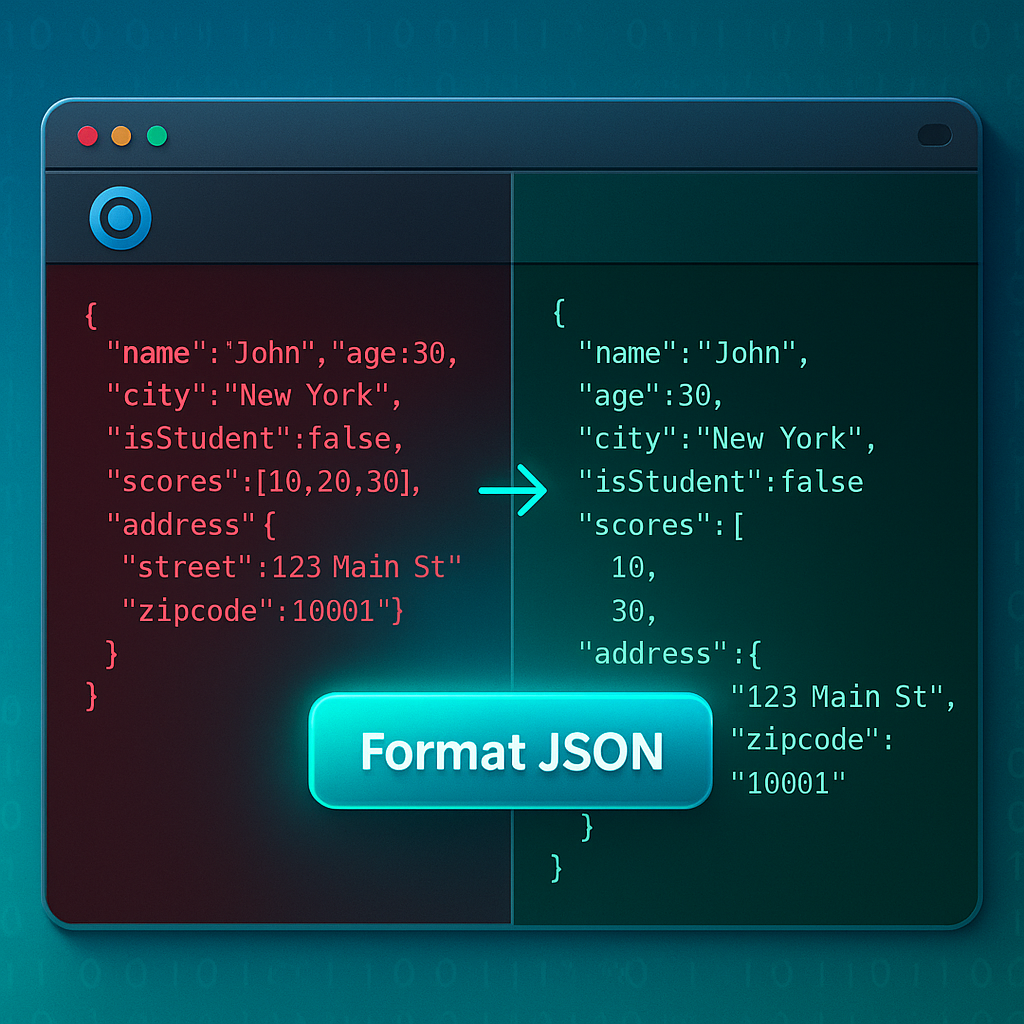 Browser window showing JSON formatter tool converting messy code to clean formatted JSON