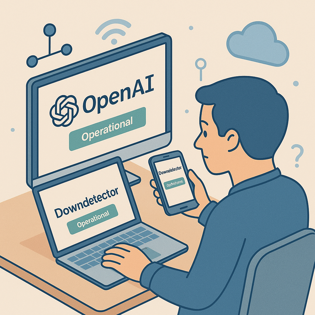 User checking OpenAI status page and Downdetector on two screens surrounded by network icons
