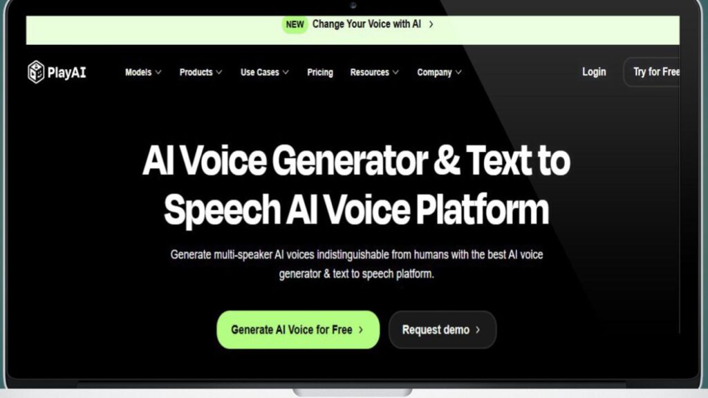 A futuristic AI media player interface with a "Play" button, waveform visualization, and AI-generated editing suggestions like "Auto-Adjust Tempo" and "Enhance Clarity." Subtle robotic icons and dynamic audio bars glow in blue and purple tones.