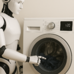 Humanoid robot operating an AI washing machine by pressing its digital controls
