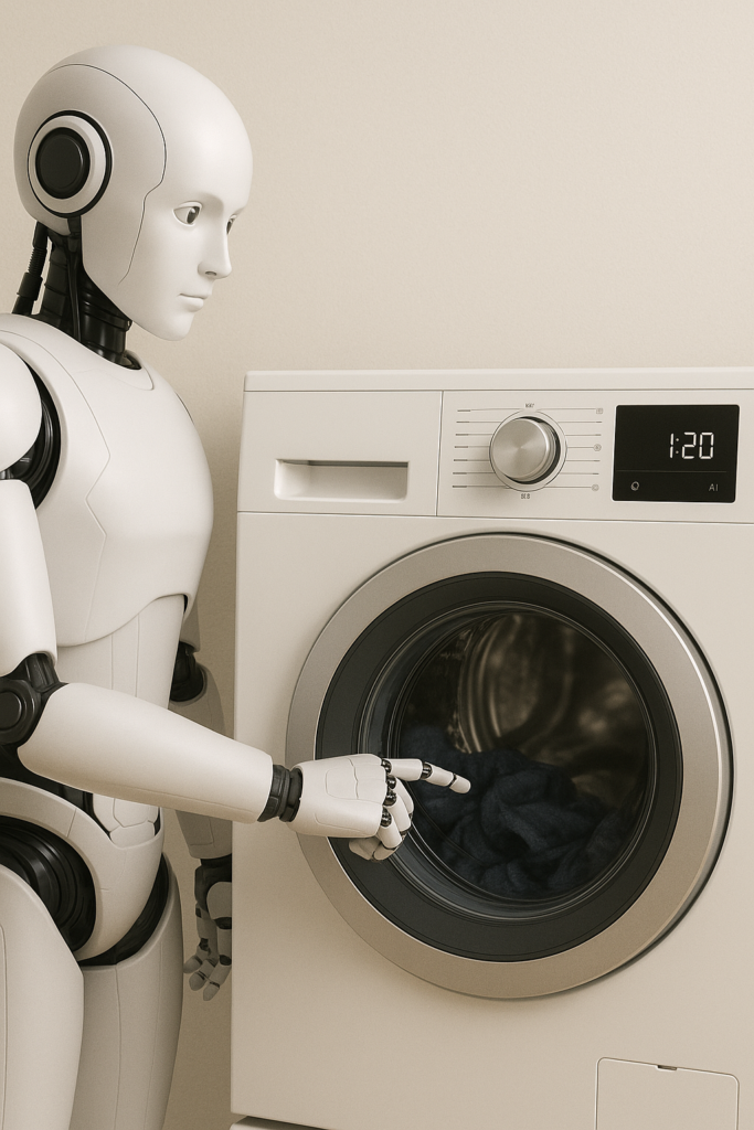Humanoid robot operating an AI washing machine by pressing its digital controls
