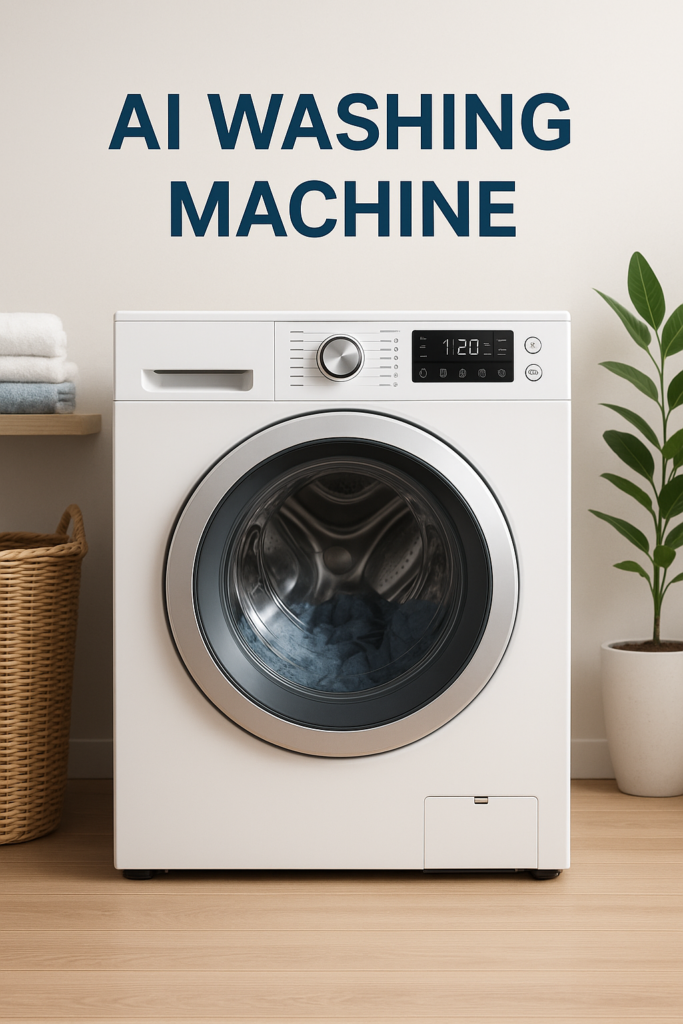 Modern AI washing machine in a minimalist laundry room with laundry basket and plant
