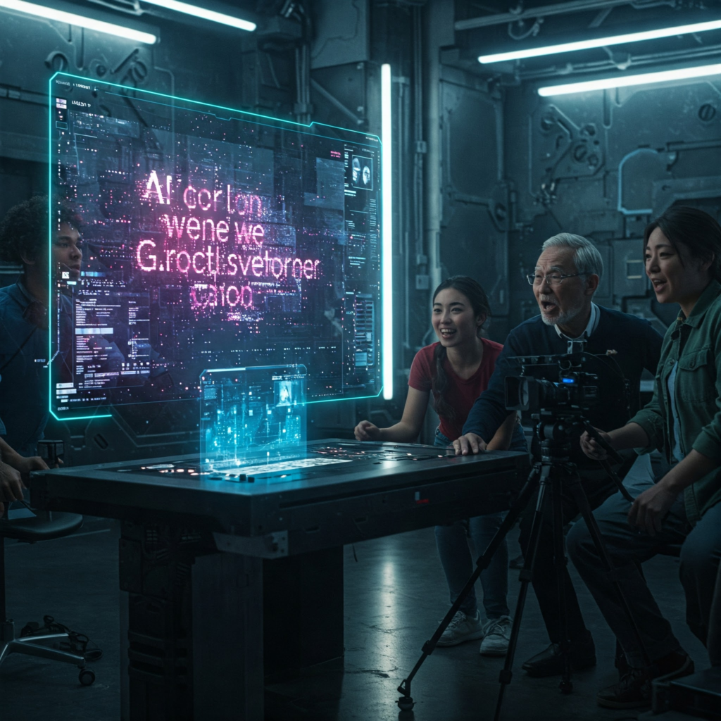 AI filmmaking studio with holographic interface generating movies from text prompts