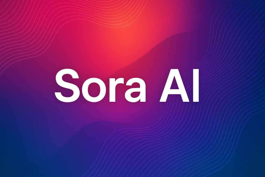 Colorful digital graphic with the title "Sora AI" in bold white font centered on a gradient background.