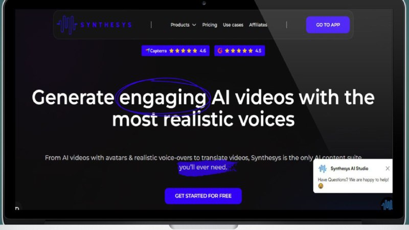 Screenshot of Synthesys AI Studio featuring a clean interface with text input box, voice/style selection dropdowns (like 'Corporate Female' or 'Casual Male'), and video/audio output tabs. Includes preview buttons and emotion adjustment sliders.