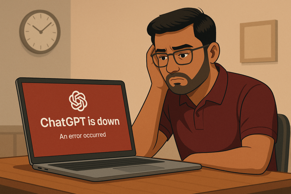 Frustrated user looking at a laptop showing ChatGPT down message with a clock in the background