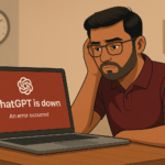 Frustrated user looking at a laptop showing ChatGPT down message with a clock in the background