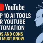 A 2D digital graphic featuring icons of AI tools, YouTube logo, and a split-screen design showing pros and cons of automation tools.