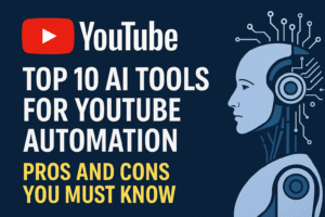 A 2D digital graphic featuring icons of AI tools, YouTube logo, and a split-screen design showing pros and cons of automation tools.