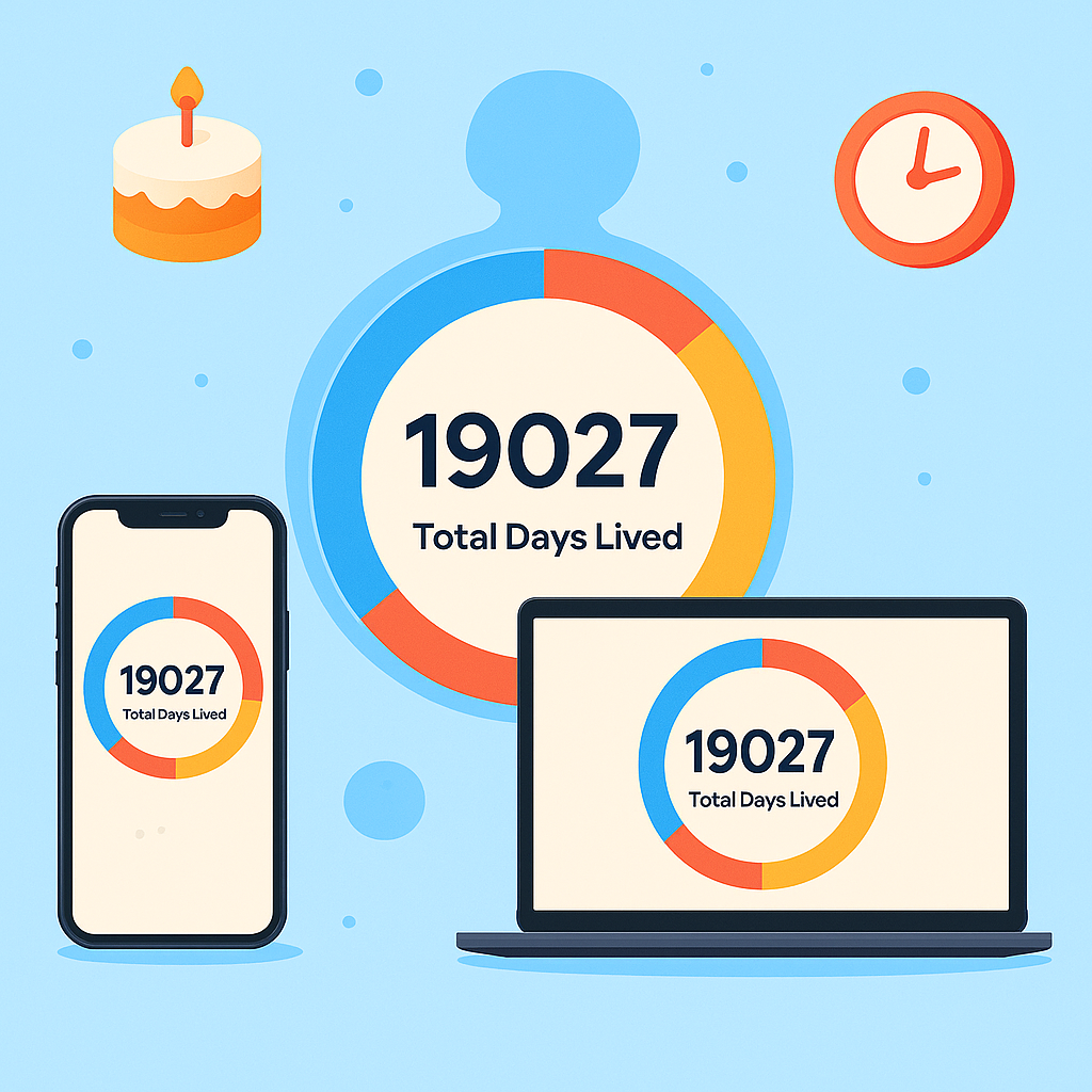 Smartphone and laptop showing age calculator with total days lived counter