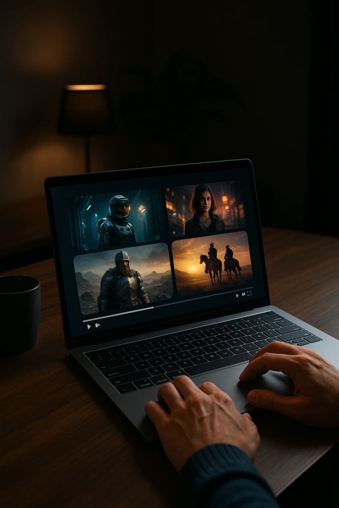 Person typing on laptop displaying AI-generated movie scenes in a cozy setup