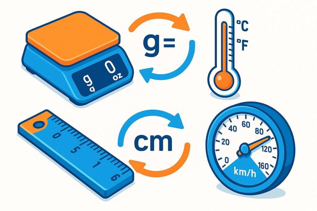 Illustration showing various measurement tools with conversion arrows between metric and imperial units