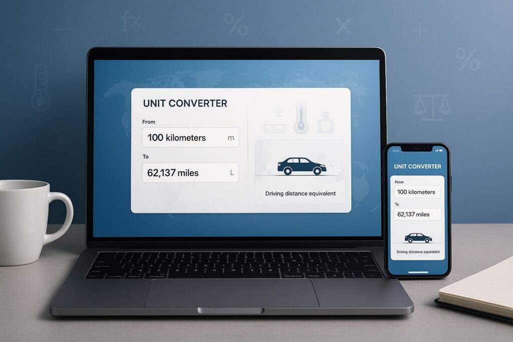 Digital interface of a unit converter tool showing real-time conversion between kilometers and miles