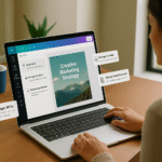 A user designing on Canva using AI features like Magic Write, AI image generator, and background remover in a bright workspace.