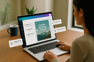 A user designing on Canva using AI features like Magic Write, AI image generator, and background remover in a bright workspace.