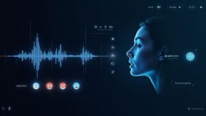 A digital interface showcasing anBest AI Voice Generator for Reels with a waveform visualization, robotic and human-like avatars, and a "Generate Voiceover" button. Text examples like "Try AI Voices" and "Customize Tone" are highlighted on the screen.