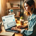 A new blogger working with ChatGPT on a laptop in a cozy workspace, writing blog content with visible prompts.