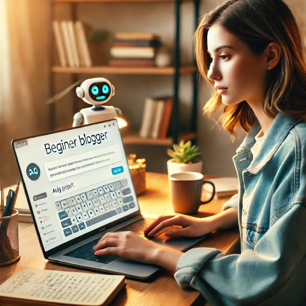 A new blogger working with ChatGPT on a laptop in a cozy workspace, writing blog content with visible prompts.