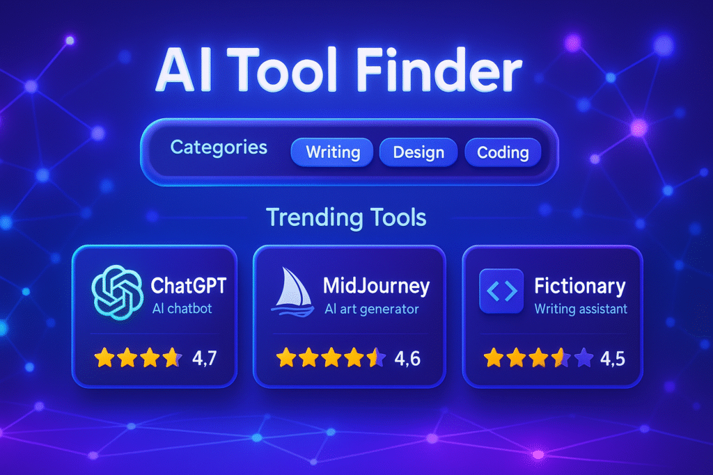 AI Tool Finder dashboard with filters for categories like writing, design, and coding