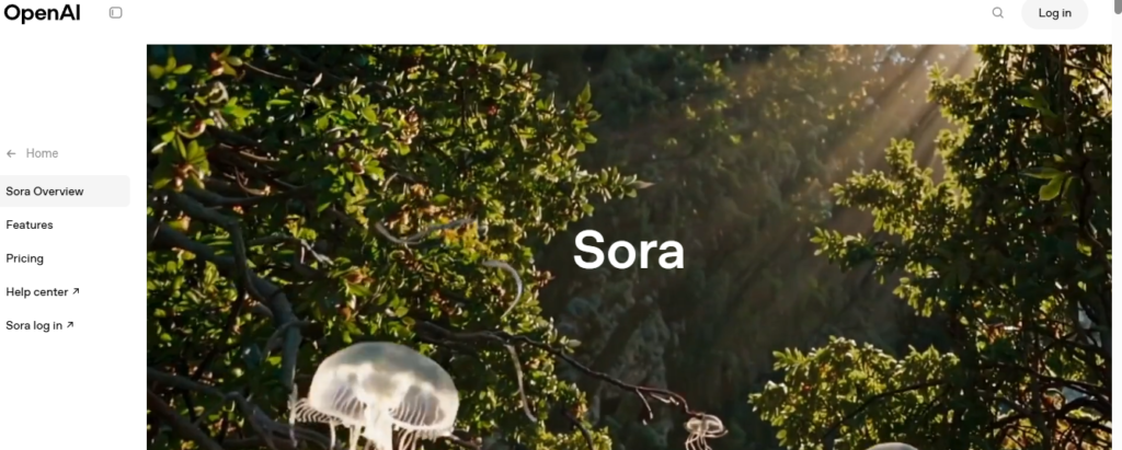 Screenshot of the official Sora.ai website interface showing homepage layout and design.